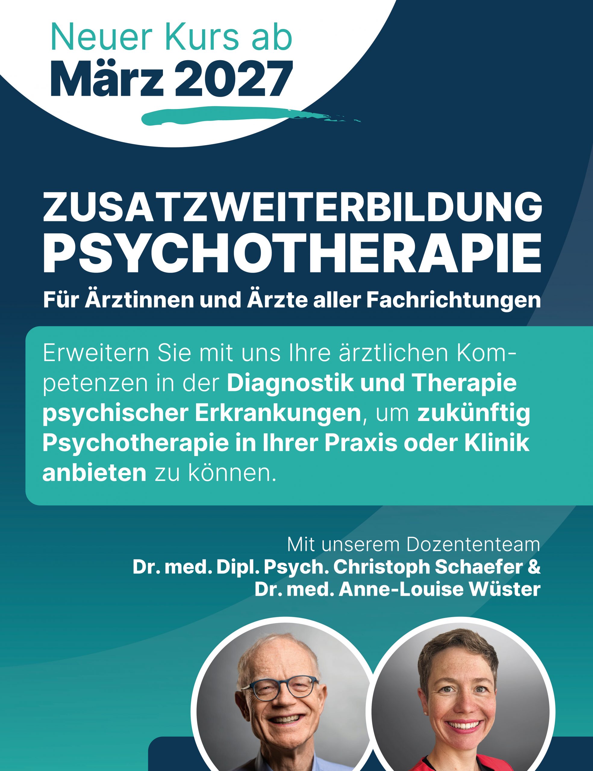 Anzeige eines neuen Kurses des Vereins für psychosomatische Medizin in Freiburg im Breisgau für den Weiterbildungskurz Zusatzweiterbildung Psychotherapie für Ärztinnen und Ärzte aller Fachrichtungen, um zukünftig Psychotherapie in Ihrer Praxis oder Klinik anbieten zu können. Die Kurse starten mit dem ersten Block im März 2027. Man kann sich online anmelden.